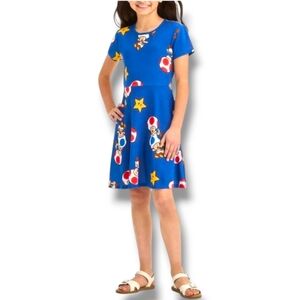 Girl’s Nintendo toad & friend jersey dress side cut out  blue Red Mario Small